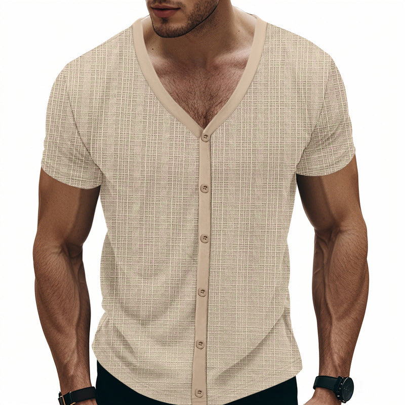 Men's Casual V-neck Single-breasted Slim Fit Short-sleeved T-shirt 92708443M