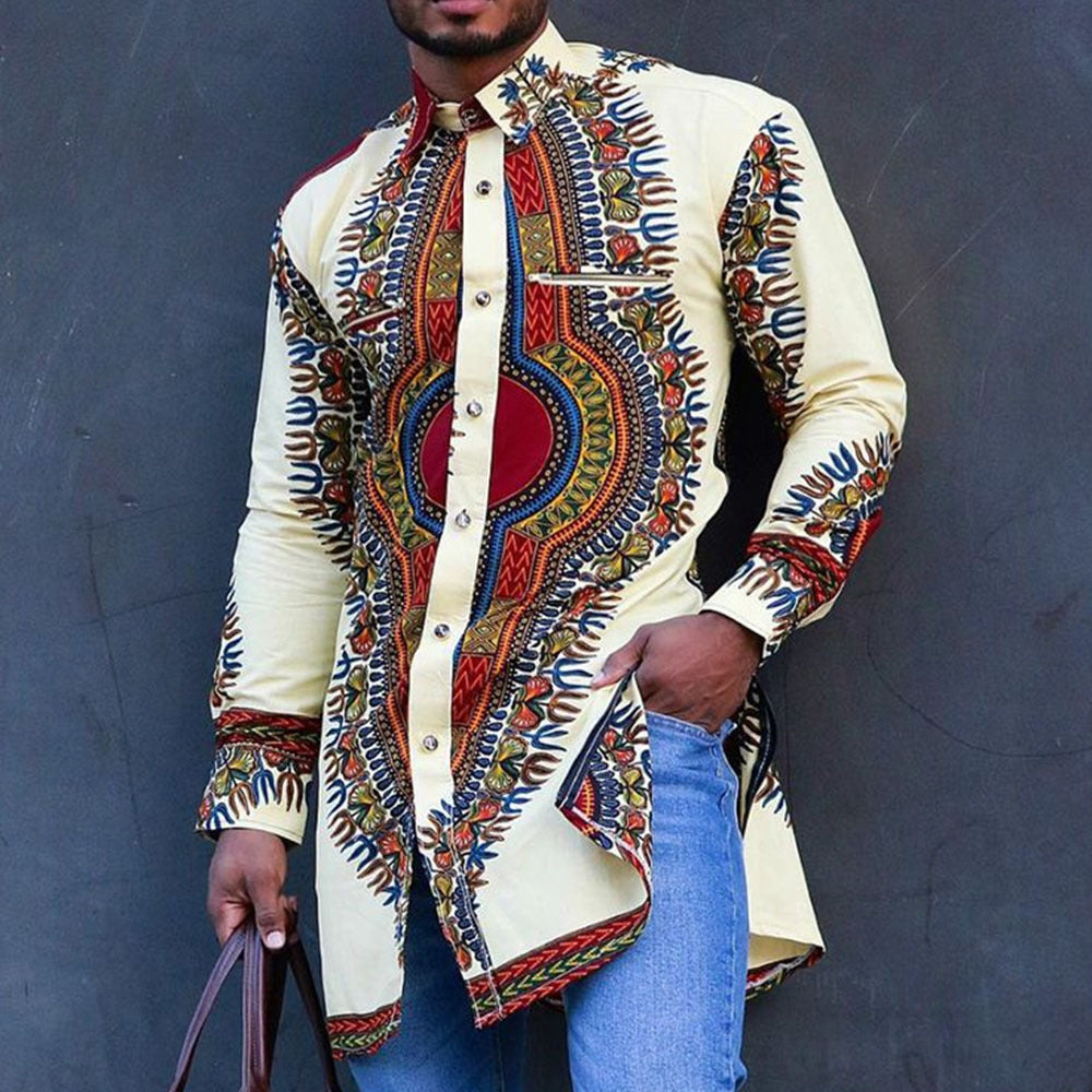 Men's Vintage Lapel Ethnic Print Mid-Length Long Sleeve Shirt 22379967M