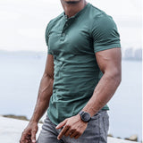 Men's Henley Collar Solid Short Sleeve Sports T-shirt 24705564Z
