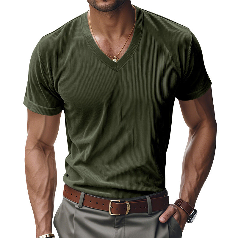 Men's Casual Corduroy V-neck Slim Short-sleeved T-shirt 50277603M