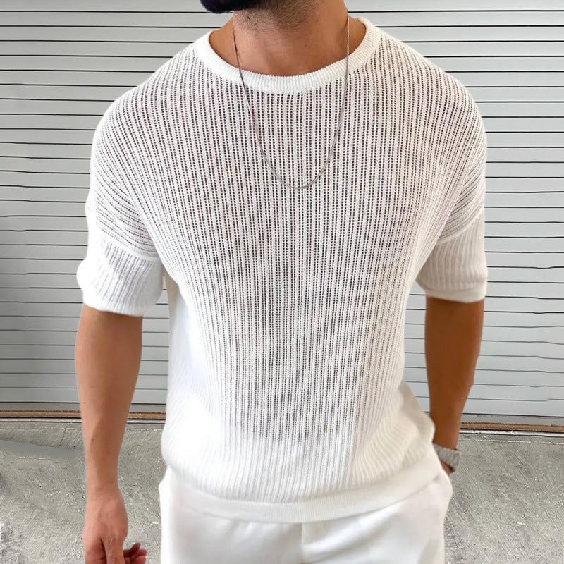 Men's Casual Round Neck Loose Knitted Short Sleeve Sweater 74219373M