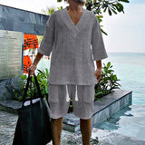 Men's Casual Loose V-Neck Short-Sleeved T-Shirt Shorts Knitted Set 72074411M