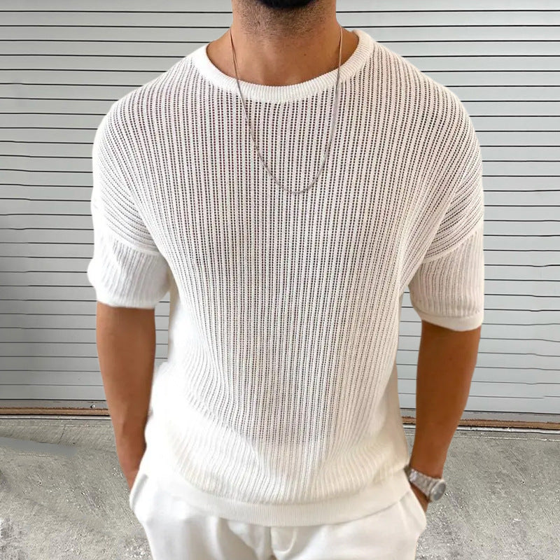 Men's Casual Round Neck Loose Knitted Short Sleeve Sweater 74219373M