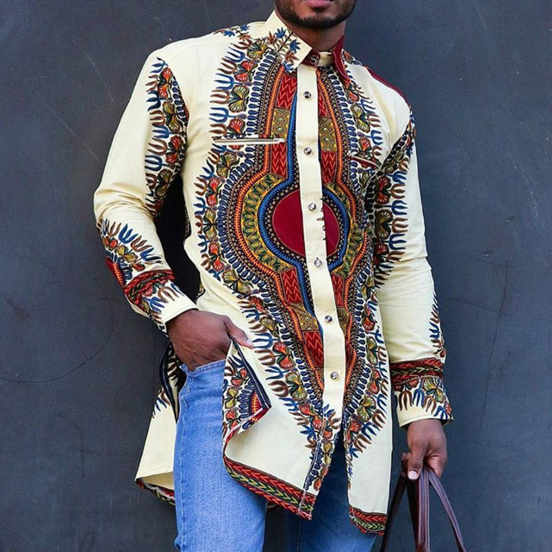 Men's Vintage Lapel Ethnic Print Mid-Length Long Sleeve Shirt 22379967M