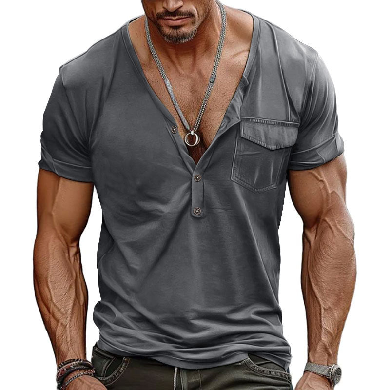 Men's Classic Casual Slim Fit Deep V-Neck Pocket Cotton Short Sleeve T-Shirt 29897522K