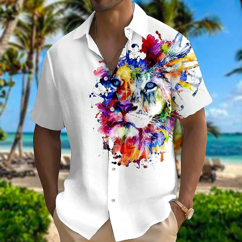 Men's Hawaiian Animal Print Lapel Short Sleeve Shirt 07865476X