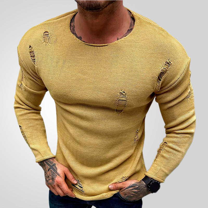 Men's Casual Fashion Round Neck Sexy Ripped Knitted Long sleeve T-shirt 08113292K