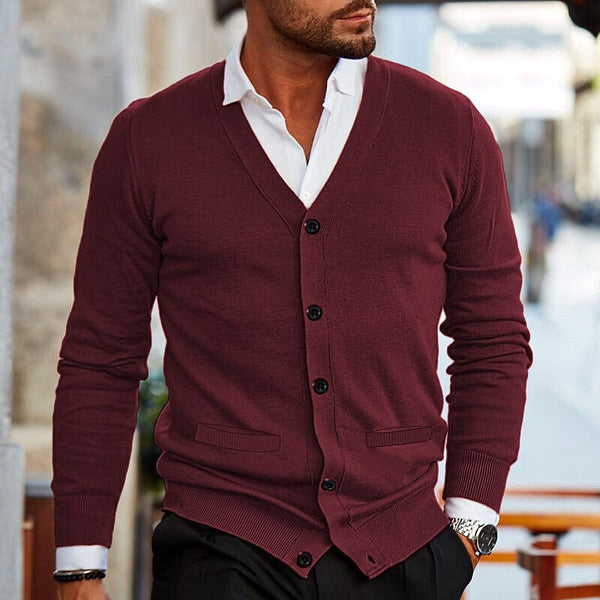 Men's Casual Solid Color V-Neck Long-Sleeved Slim-Fit Knitted Cardigan 52816345M