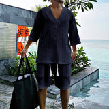 Men's Casual Loose V-Neck Short-Sleeved T-Shirt Shorts Knitted Set 72074411M