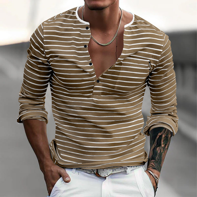 T-shirt casual a maniche lunghe con colletto Henley a righe da uomo 00046965Z