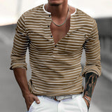 Men's Striped Henley Collar Long Sleeve Casual T-shirt 00046965Z