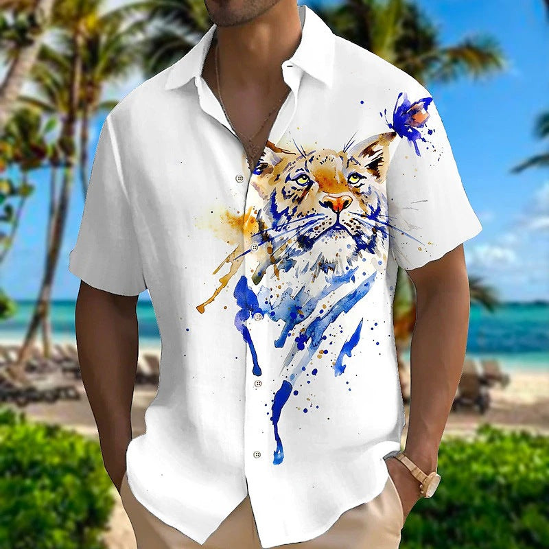 Men's Hawaiian Animal Print Lapel Short Sleeve Shirt 07865476X