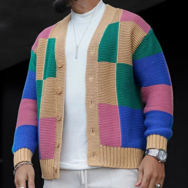 Men's Fashion Colorblock Single Breasted Long Sleeve Knit Cardigan 81050023M-1
