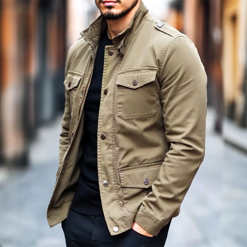 Men's Retro Casual Cotton Washed Wear-resistant Multi-pocket Workwear Stand Collar Jacket MTA2495I9TO