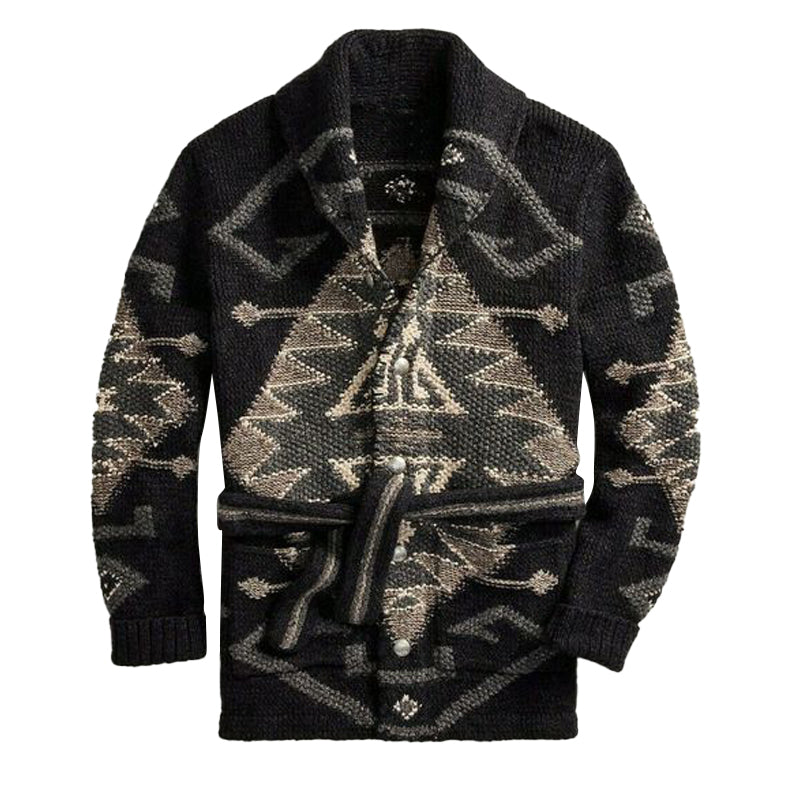 Men's Vintage Jacquard Shawl Collar Belted Mid-Length Cardigan 11493337Y