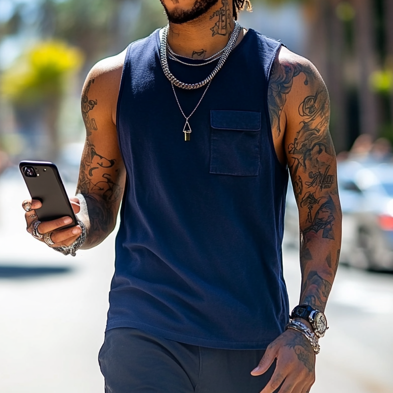 Men's Fashion Round Neck Sleeveless Flap Pocket Tank Top MTA1623E6Z