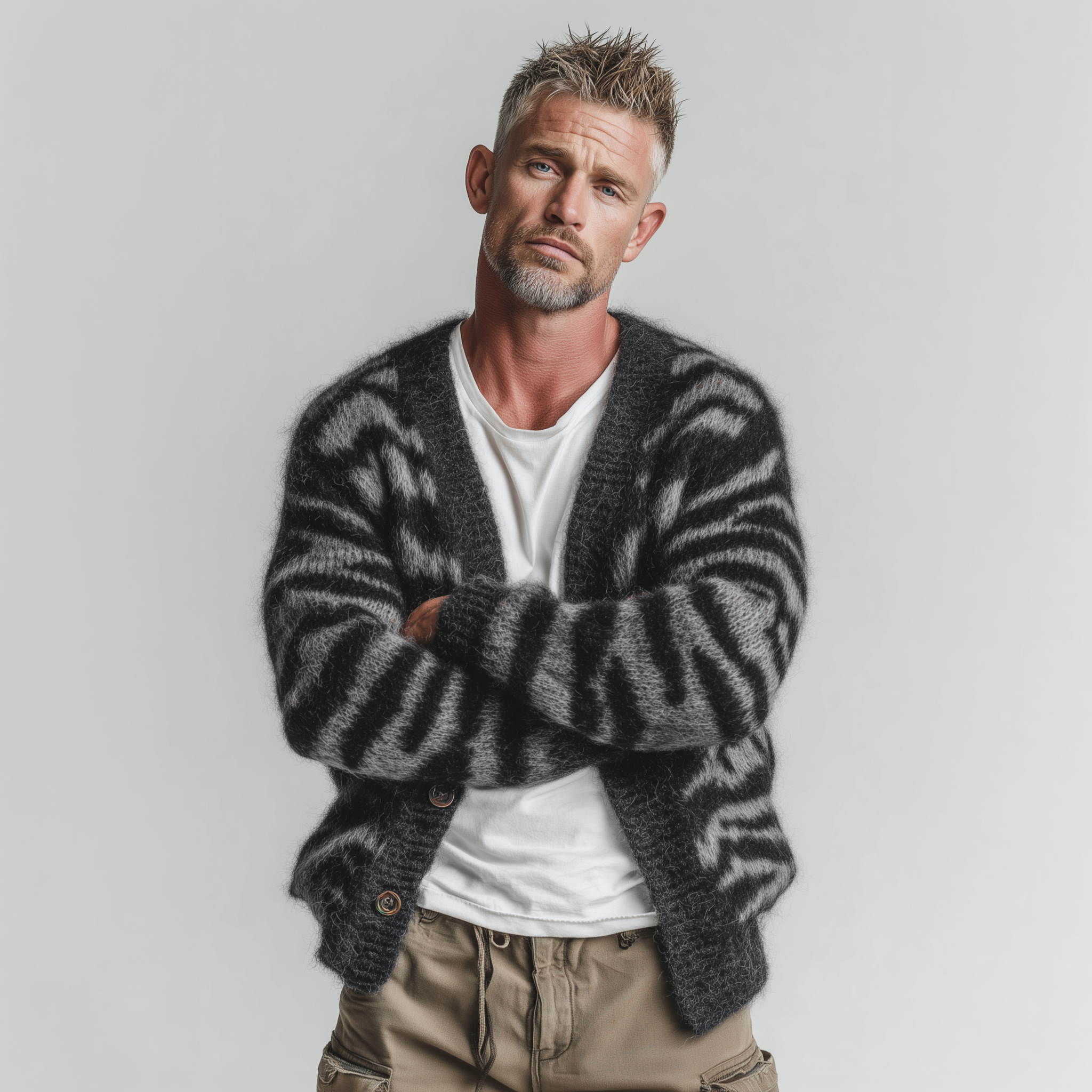 Men's Casual And Fashionable Zebra Pattern Knitted Cardigan MTA1738J1K