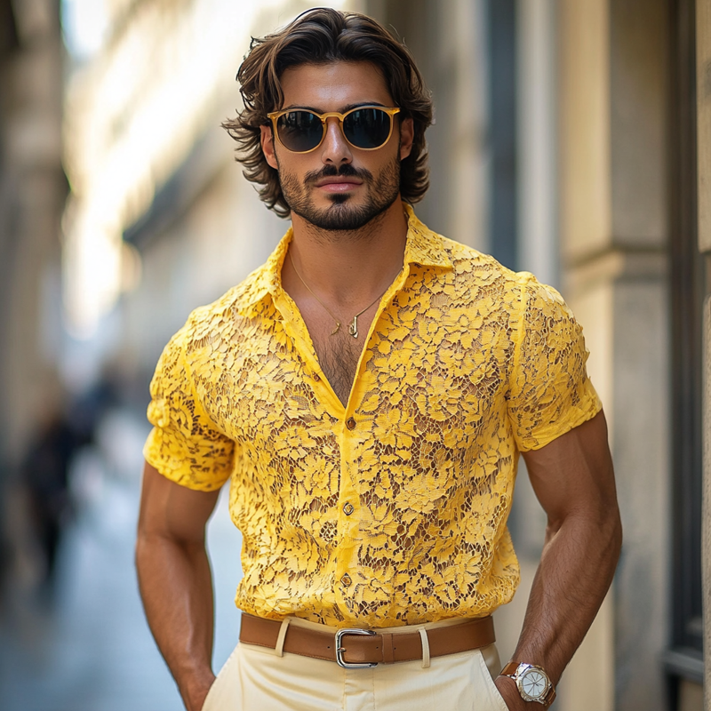 Men's Fashion Lace Lapel Short Sleeve Casual Shirt MTA1234E6Z