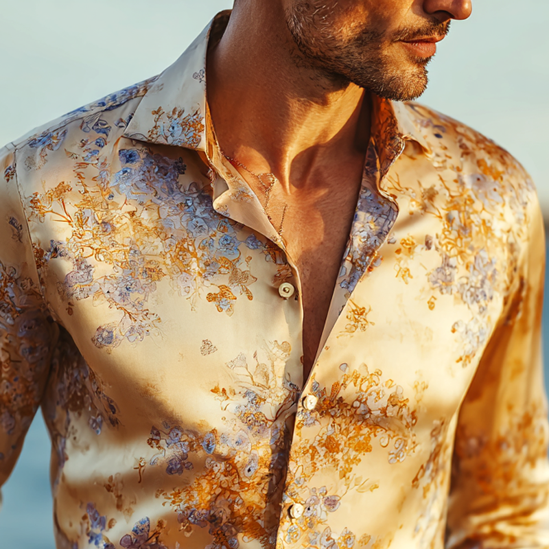 Men's Floral Print Satin Lapel Long Sleeve Shirt MTA1676G8Z