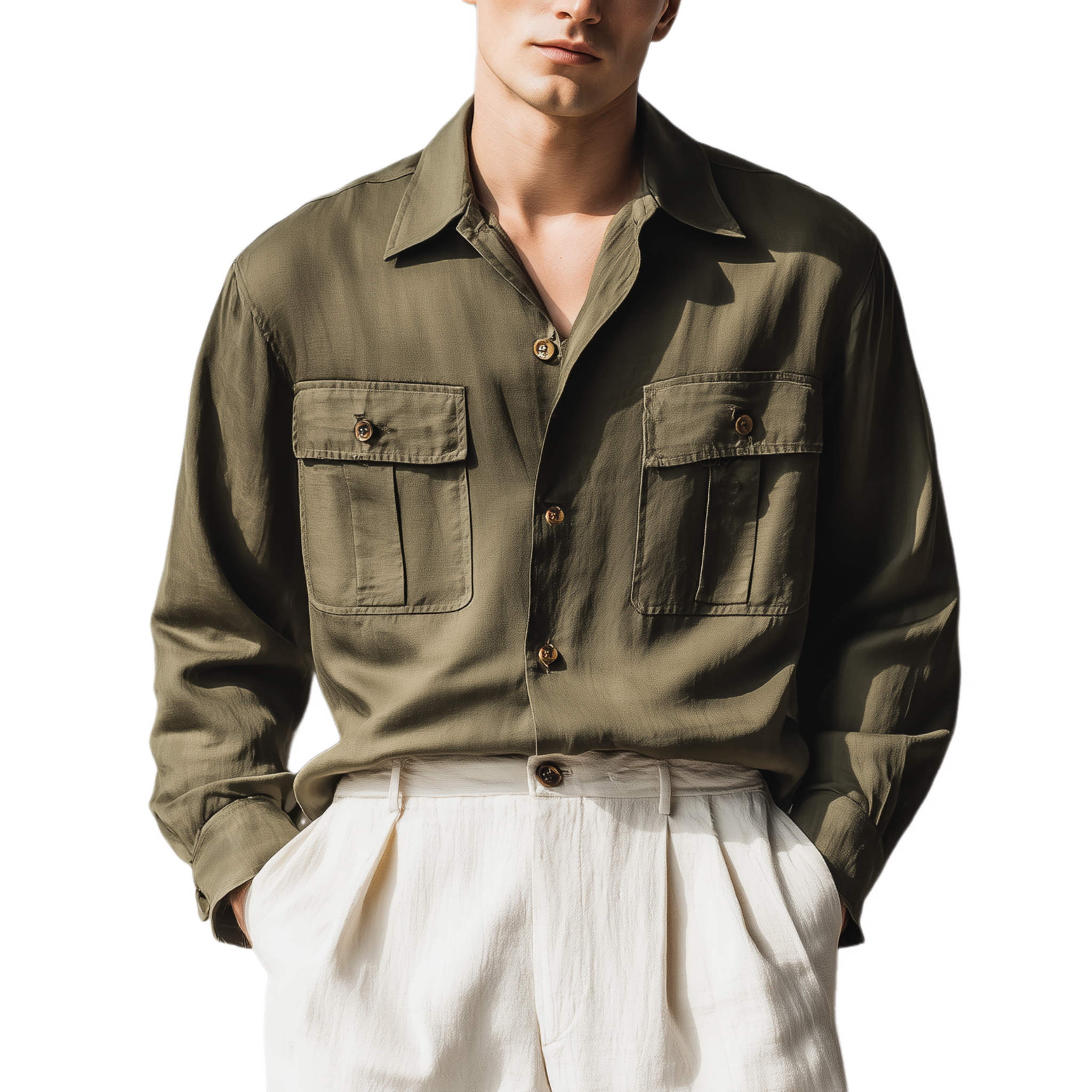 Men's Classic Casual Cupro Lapel Pocket Long Sleeve Shirt MTA2803G9K