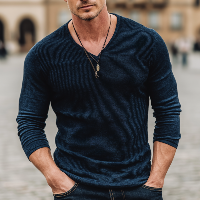 Men's Basic Solid Color V-neck Slim-fit Knitted Long-sleeved T-shirt MTZ1578A1U