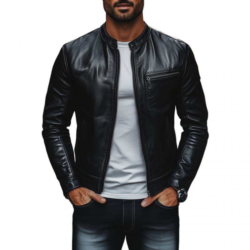 Men's Vintage Solid Color Faux Leather Stand Collar Zipper Chest Pocket Slim Fit Motorcycle Jacket MTA3044G9M
