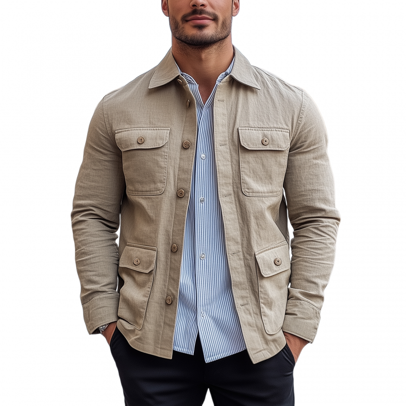 Men's Casual Solid Color Breathable Cotton Linen Blend Lapel Single-breasted Multi-pocket Slim-fit Jacket MTA0695H3M