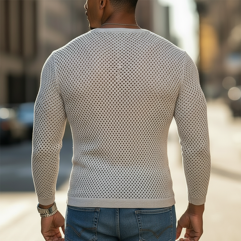 Men's Spring Fashion Hollow-Out Cotton Yarn Knitted V-Neck Slim-Fit T-Shirt MTZ0893A3P