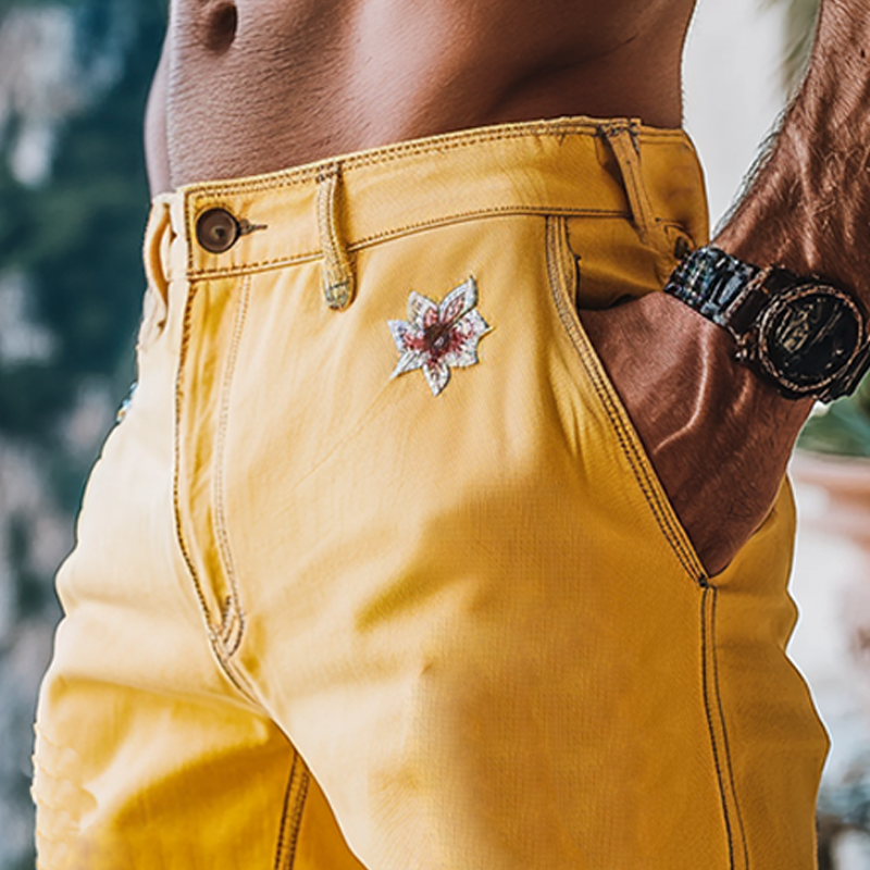 Men's Spring And Summer Fashion Casual Yellow Washed Denim Embroidery Length To Knee Shorts MTA1288F7K