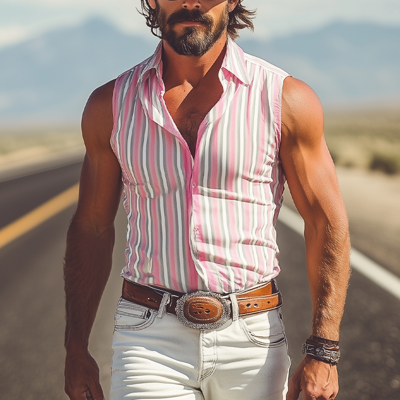 Men's Spring And Summer Fashion Casual Retro Western Cowboy Style Cotton Blend Vertical Striped Slim Sleeveless Shirt MTA1037E6K