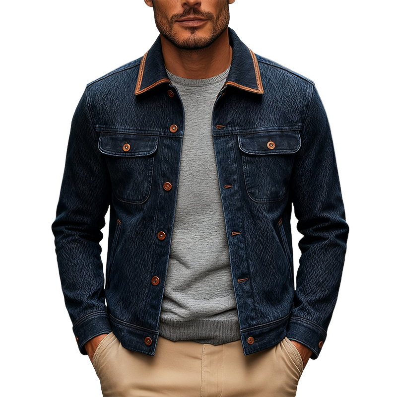 Men's Vintage Washed Textured Lapel Single-breasted Denim Jacket MTA2004J1X
