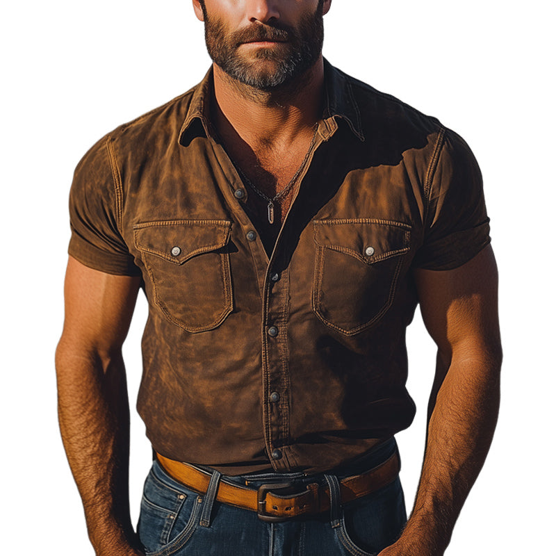 Men's Summer Western Cowboy Style Basic Button Short Sleeve Shirt MTA1515E0U