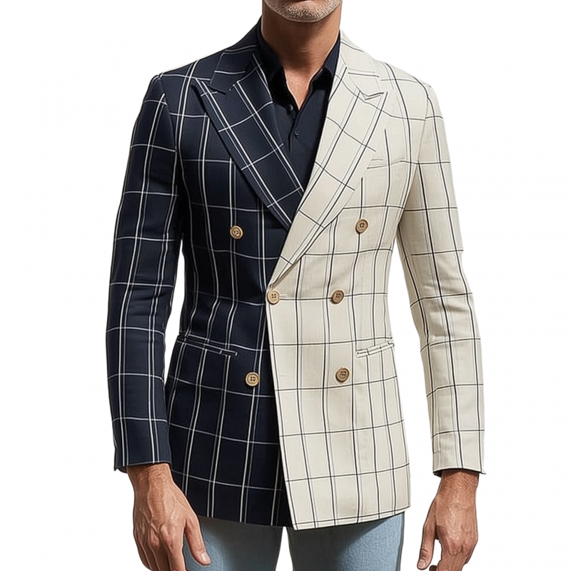 Men's Stylish Colorblock Cotton Blend Plaid Peaked Lapel Double-breasted Slim-fit Blazer MTA1986G5M