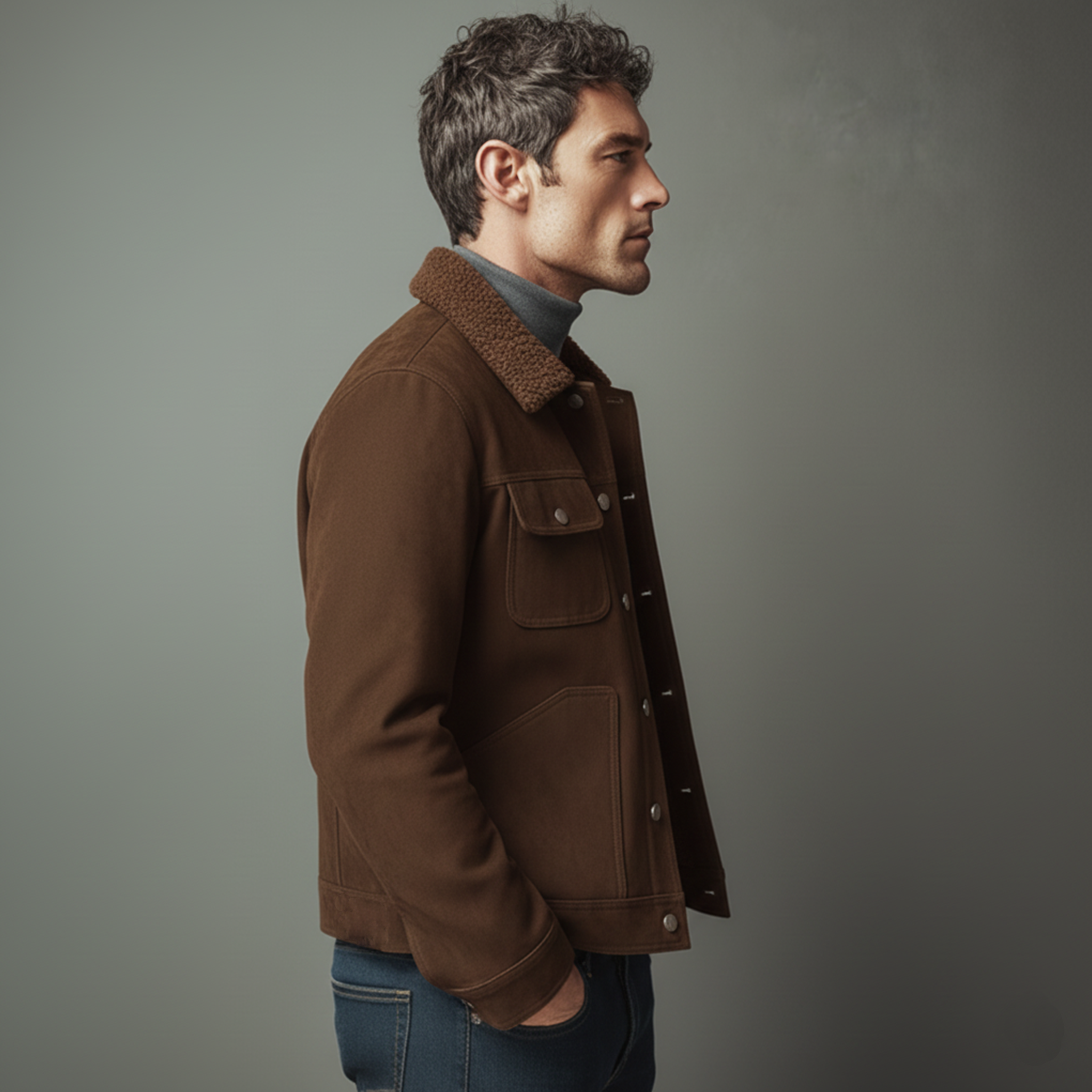 Men's Classic Light Business Fleece Collar Multi-Pocket Faux Suede Jacket MTA0136K8K