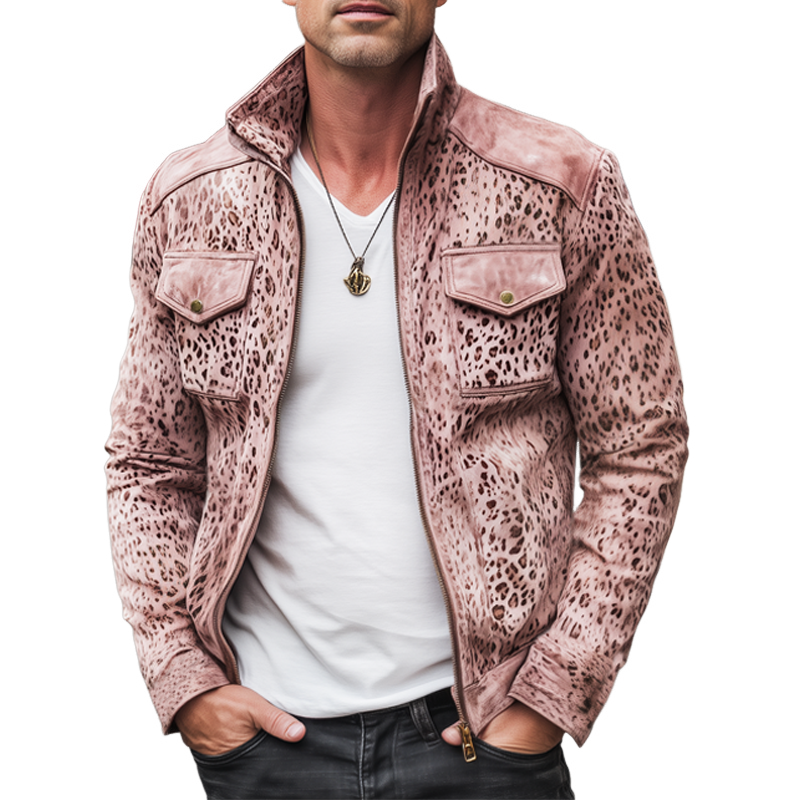 Men's Fashion Leopard Suede Stand Collar Zipper Jacket MTA1537H9U