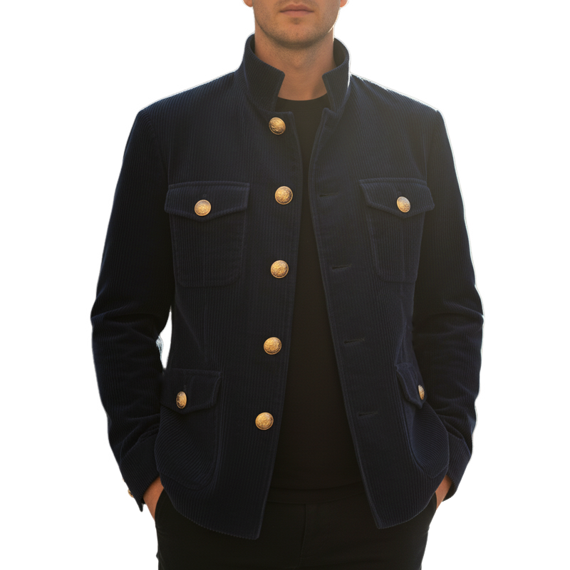 Men's Classic Stand Collar Navy Corduroy Button-Down Jacket MTA1597I5U