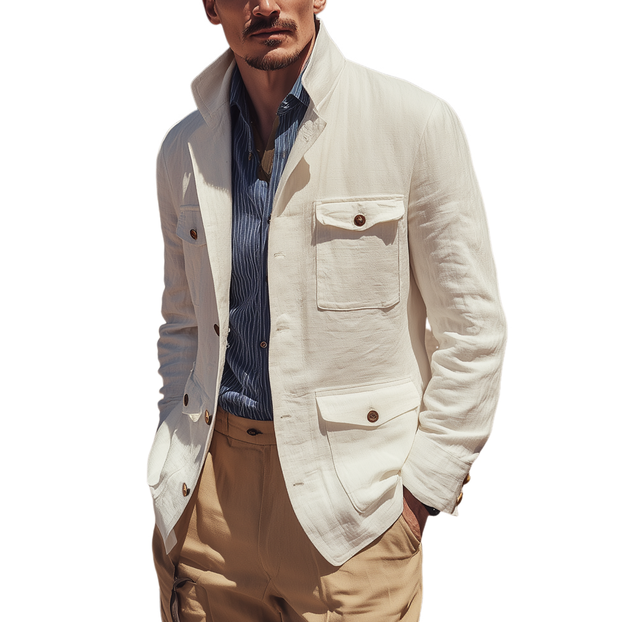 Men's Classic Retro Casual Lapel Multi-pocket Cotton And Linen Jacket MTA0104H4K