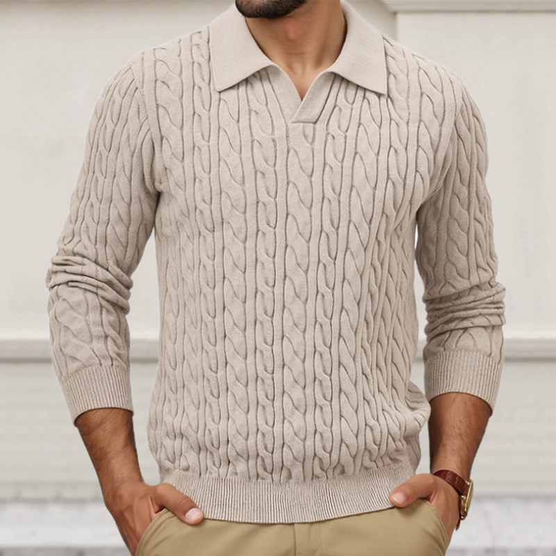 Men's Vintage Solid Color Polo Collar Single-Breasted Slim Fit Cable Knit Pullover Sweater MTA1196H9M
