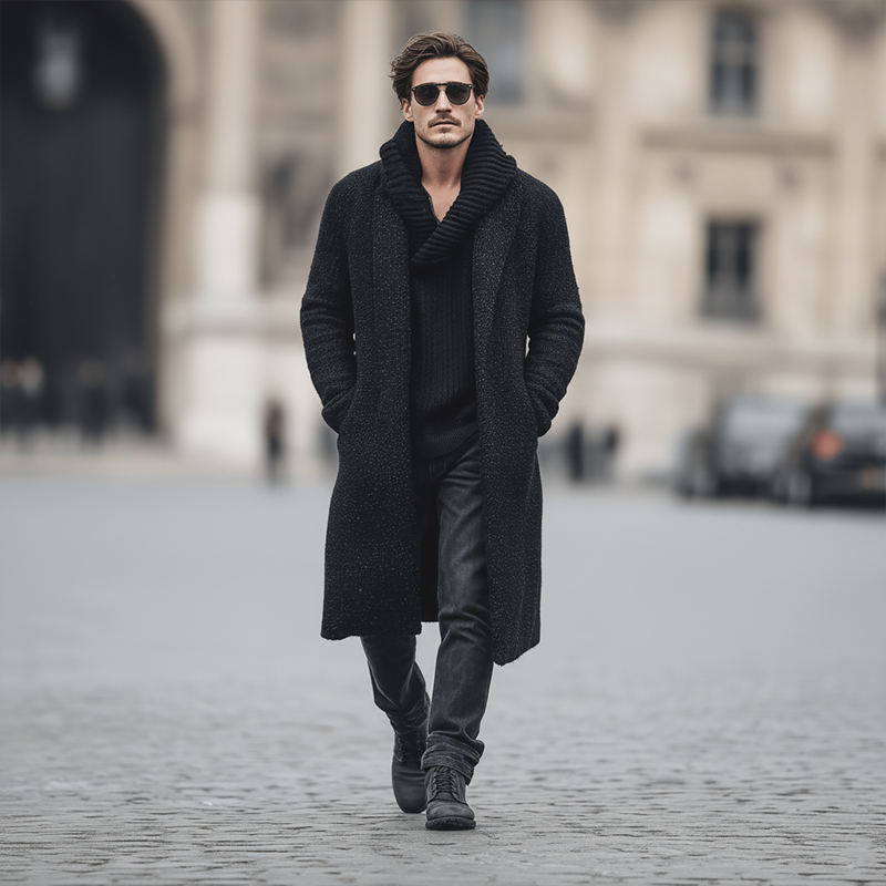 Men's Autumn And Winter Fashion Mixed Color Cotton Yarn Knitted Long Lapel Cardigan MTA2315I6P