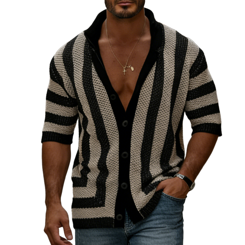 Men's Retro Casual Knit Striped Lapel Short-Sleeve Shirt MTZ2208A3TO