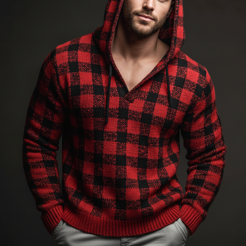 Men's Classic Red And Black Plaid Casual Knit Hoodie MTA2887J1U