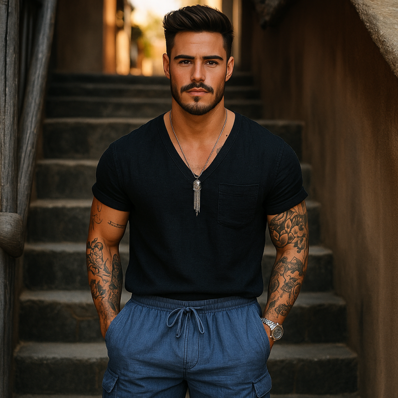 Men's Casual Breathable Cotton Linen V-neck Patch Pocket Loose Short-sleeved T-shirt MTA1588E0M