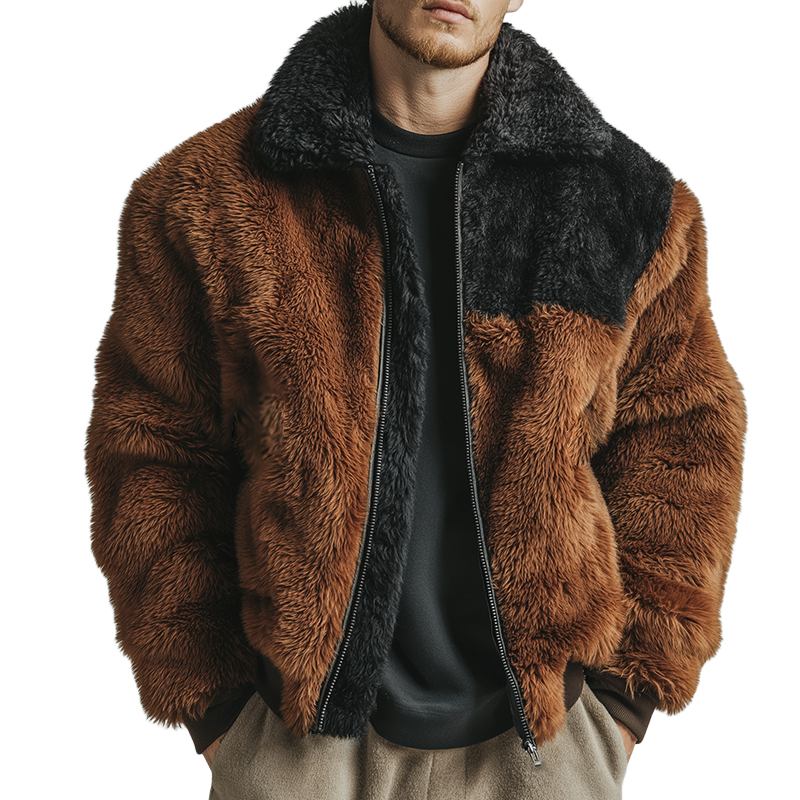 Men's Retro Casual Plush Contrast Color Warm Lapel Zipper Jacket MTA1345J0TO