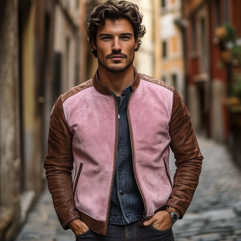 Men's Contrast Color Stand Collar PU Leather Zipper Jacket MTA2665H1X