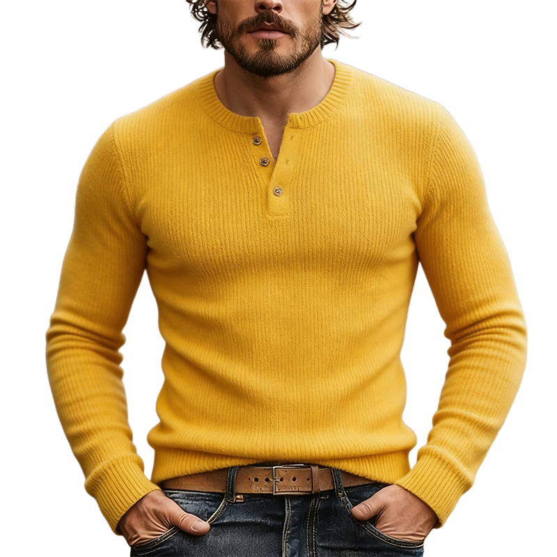 Men's Retro Casual Solid Color Knit Henley Collar Sweater Long-Sleeve T-Shirt MTZ1932A5TO