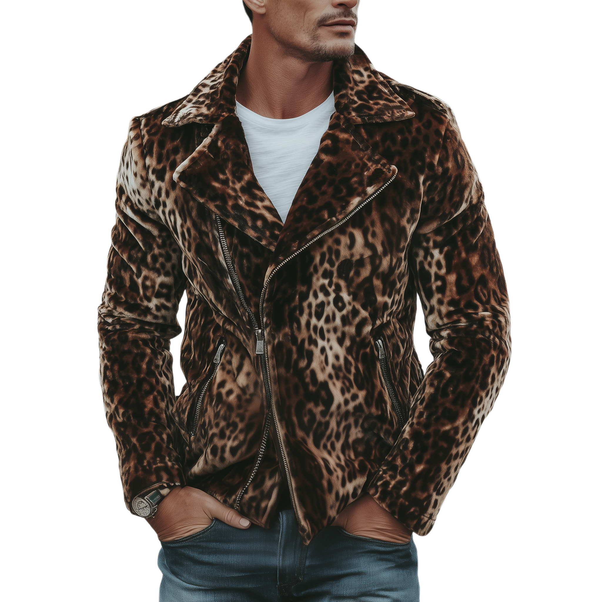 Men's Classic Casual Western Leopard Print Velvet Motorcycle Jacket MTA2833H2K