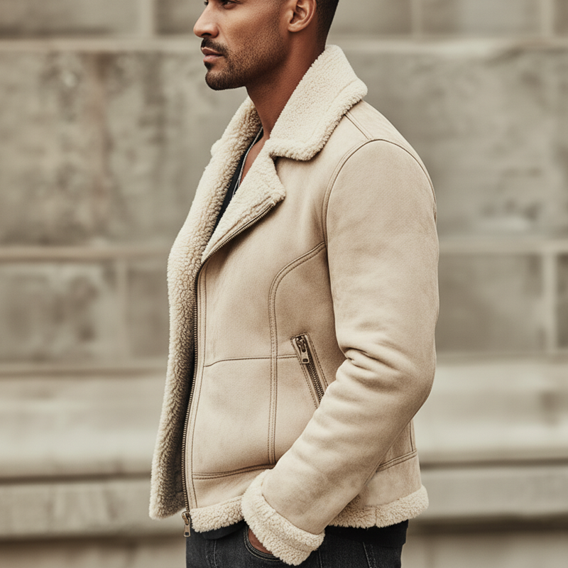 Men's Urban Beige Suede Lambswool Lined Zip-Up Jacket MTA1410K4U