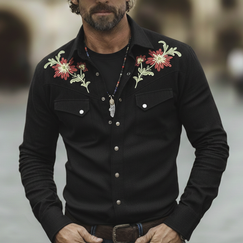 Men's Western Cowboy Style Twill 100% Cotton Floral Embroidery Long-Sleeve Shirt MTZ1297A1U
