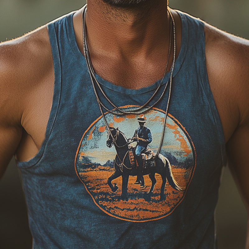 Men's Western Cowboy Style Printed Crew Neck Tank Top MTA2828D4U