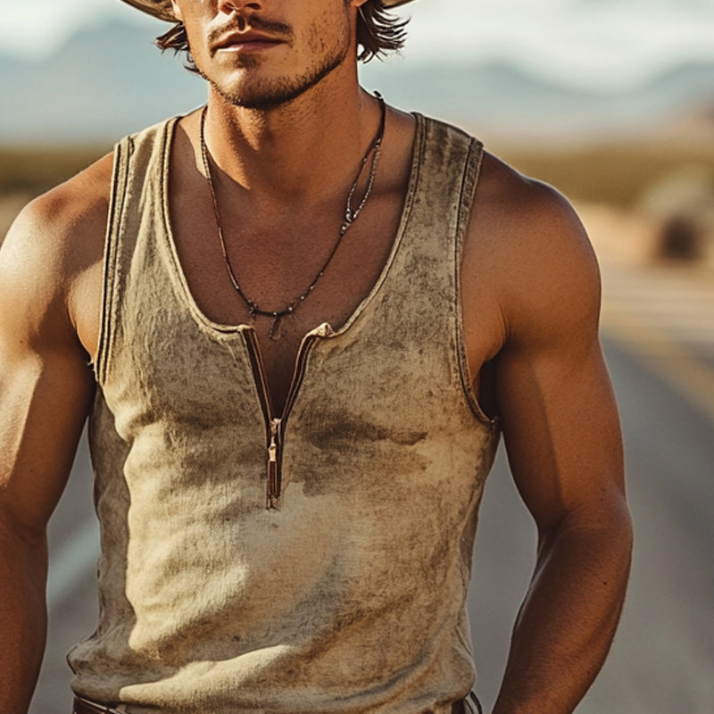 Men's Western Cowboy Style Retro Zip Tank Top MTA0956E1X